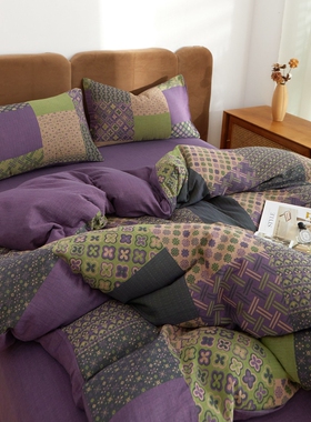 复古高级感a类母婴裸睡全棉色织双层纱四件套亲肤透气床单2m床笠