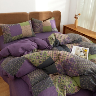 复古高级感a类母婴裸睡全棉色织双层纱四件套亲肤透气床单2m床笠