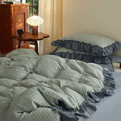 松弛治愈法式复古色织提花三层纱双层纱全棉四件套荷叶边被套床单