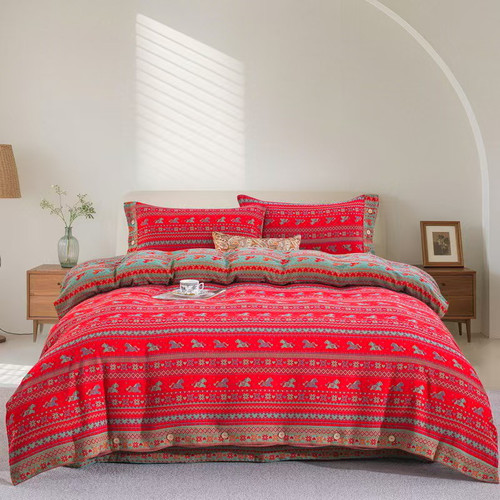 26马上有福|A类双面全棉色织双层纱四件套新中式本命年红结婚庆囍