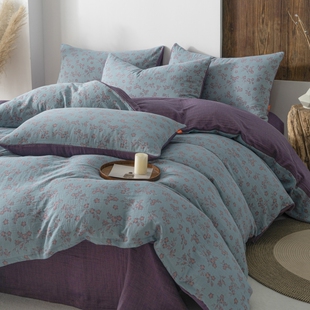 复古轻奢色织全棉双层纱布四件套四季A类母婴级裸睡柔软床上用品