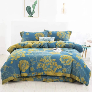 富贵牡丹中式全棉色织双层纱四件套a类母婴儿软纯棉床品纽扣被套