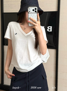 KAPOK韩系小马刺绣V领短袖T恤女夏季宽松显瘦薄款基础款正肩上衣