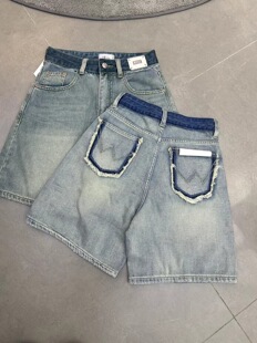 CKCD牛仔裤女2023夏季新款薄料复古撞色水洗潮流五分裤阔腿裤中裤