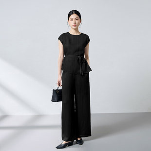 圆领系带显瘦松紧腰阔腿裤 大牌真丝泡泡绉 香云纱两件套女经典 正品