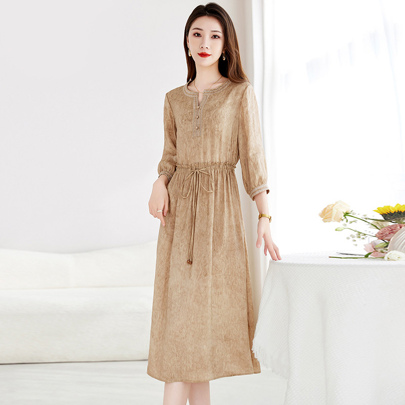 2026新款桑蚕丝亚麻重磅真丝连衣裙夏妈妈高端品牌丝麻茶色裙子
