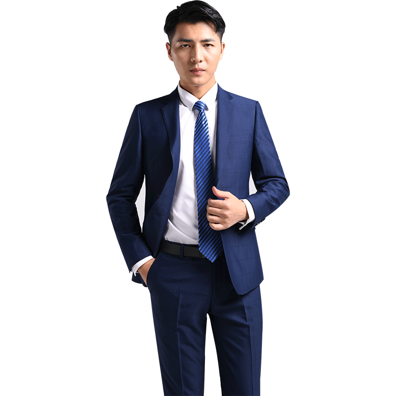 西服套装男士修身青年蓝色翻领暗格子结婚西装套装休闲时尚