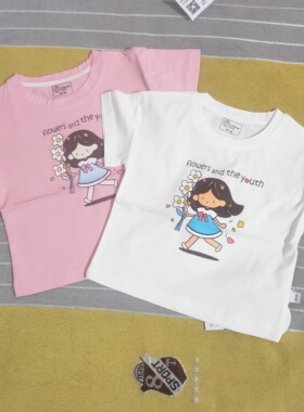 WBT旺贝特女童短袖T恤圆领卡通印花上衣粉色白色童装80-100码半袖