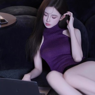 上衣 辣妹性感露肩无袖 紫色高领针织背心女秋冬修身 露背内搭打底衫