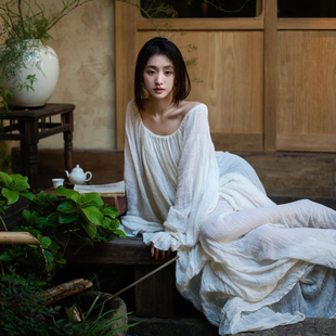 法式 复古孕妇白色连衣裙女气质禅意高级感宽松慵懒风仙女长裙新款