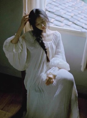 古希腊复古宽松长袖度假微胖遮肉超氛围感穿搭写真晨袍连衣裙春秋