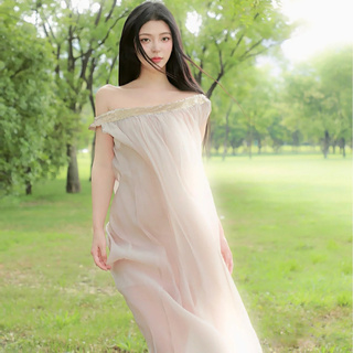 卢洁云一字肩连衣裙高级感气质名媛很仙的性感亮片网纱长裙子潮