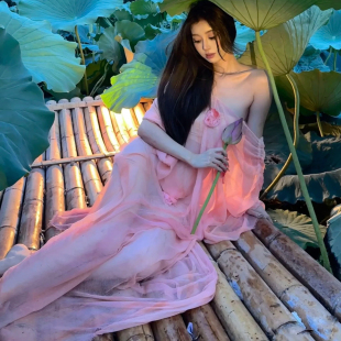 新中式性感V领花朵高级感绝美漂亮很仙的度假摄影连衣裙拖地长裙