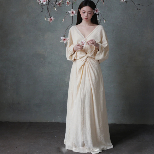 新中式 v领气质小个子海边度假棉麻晨袍礼服夏日巨好看长裙连衣裙