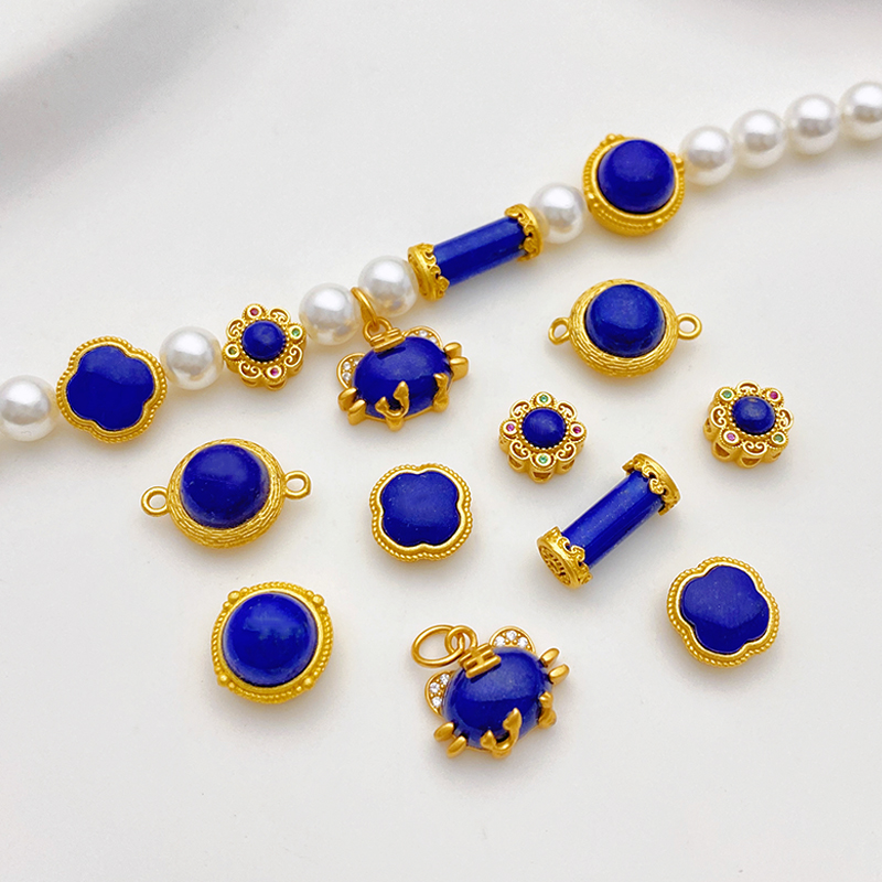 S925古法银镀金镶嵌天然青金石