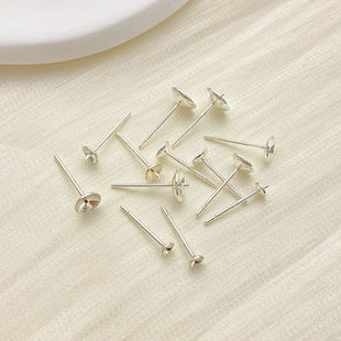 铜镀银半孔珍珠托刻925银耳针空托珠盘碗针手工diy粘耳钉配件材料