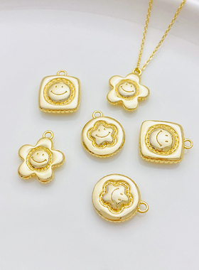 14K包金笑脸方形圆形花朵吊坠