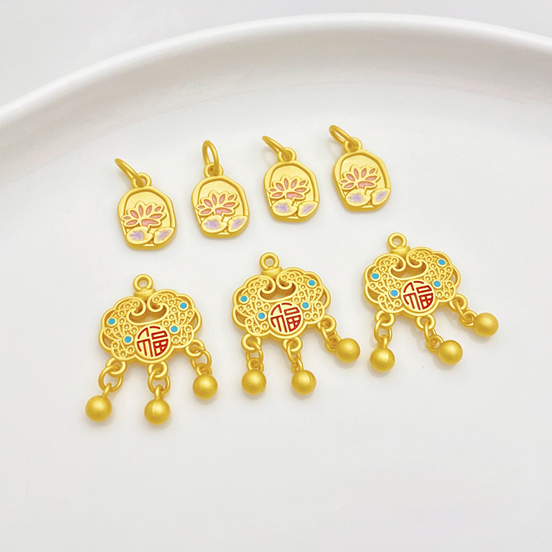 古法金荷叶莲花福字平安锁吊坠