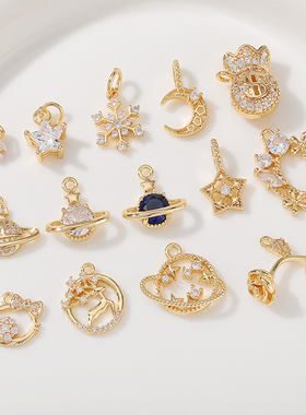 14K浅金微镶锆石吊坠星星月亮