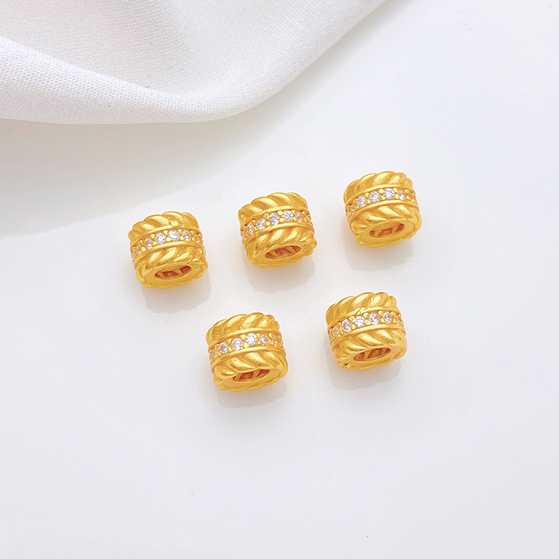 S925古法银镀金镶锆麦穗大孔桶珠