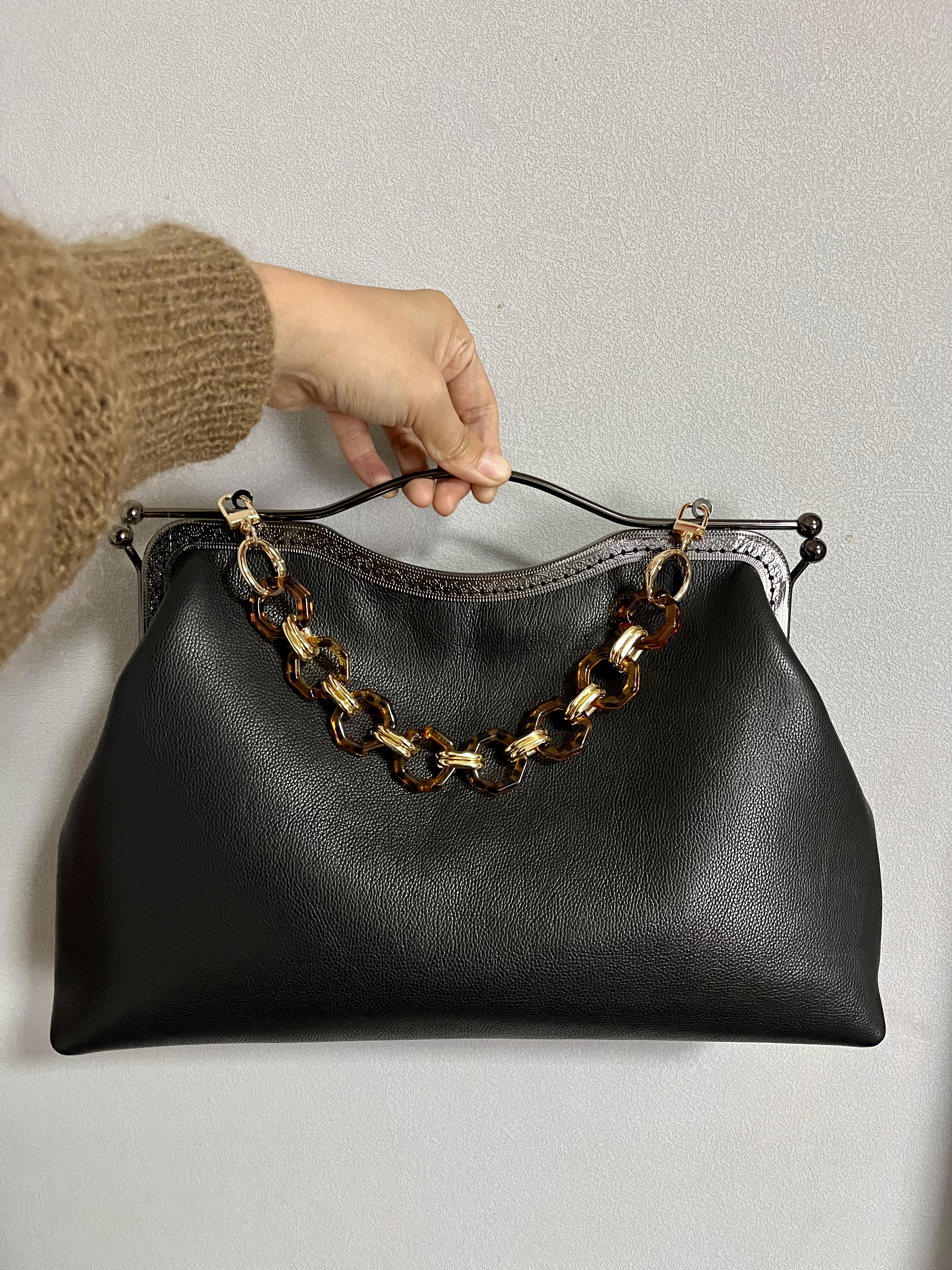 纯手工牛皮新款复古时尚休闲百搭真皮女包口金晚宴气质手提包27cm