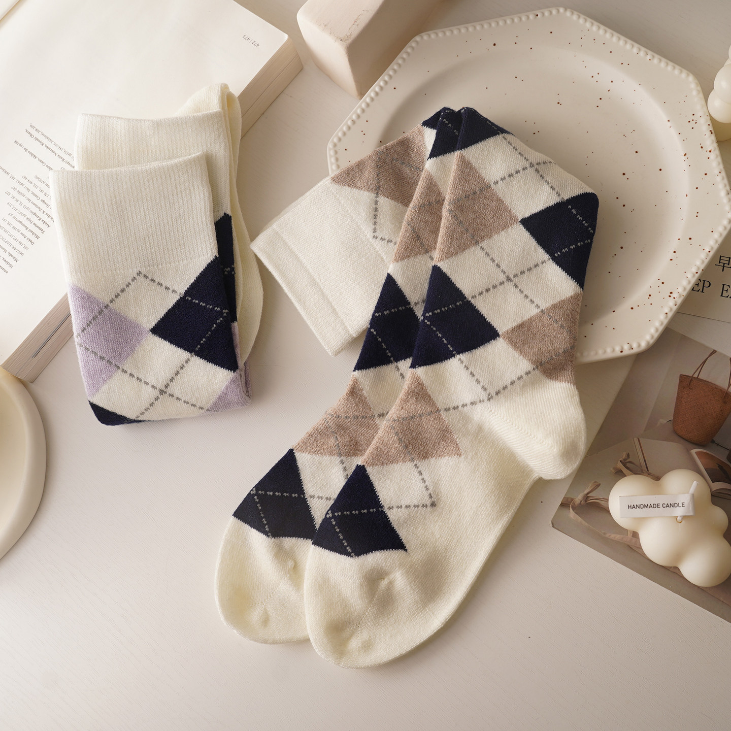 秋冬款~复古英伦提花菱格小腿袜子女长筒及膝女高学院风羊毛堆堆,女士内衣/男士内衣/家居服,长筒袜,淘宝优惠券,粉丝福利购,淘宝优惠卷