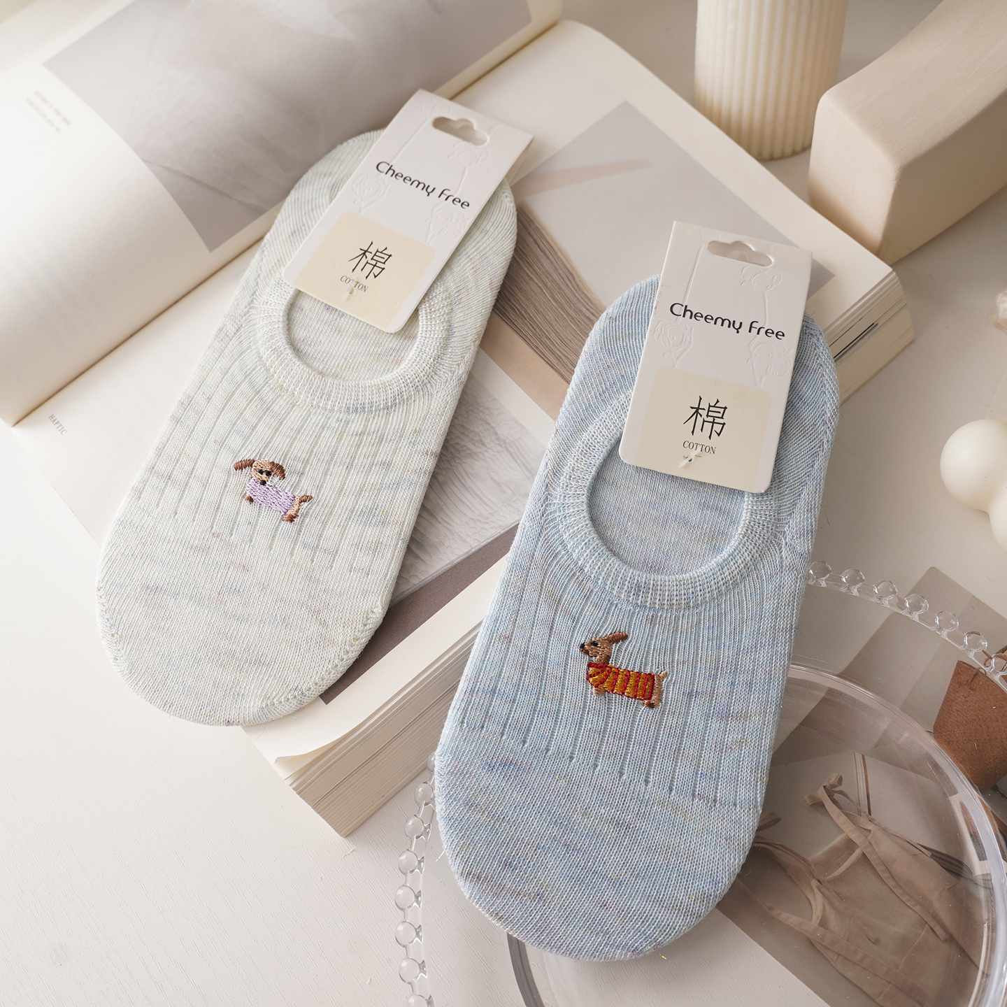 柔棉彩丝~可爱卡通刺绣隐形船袜