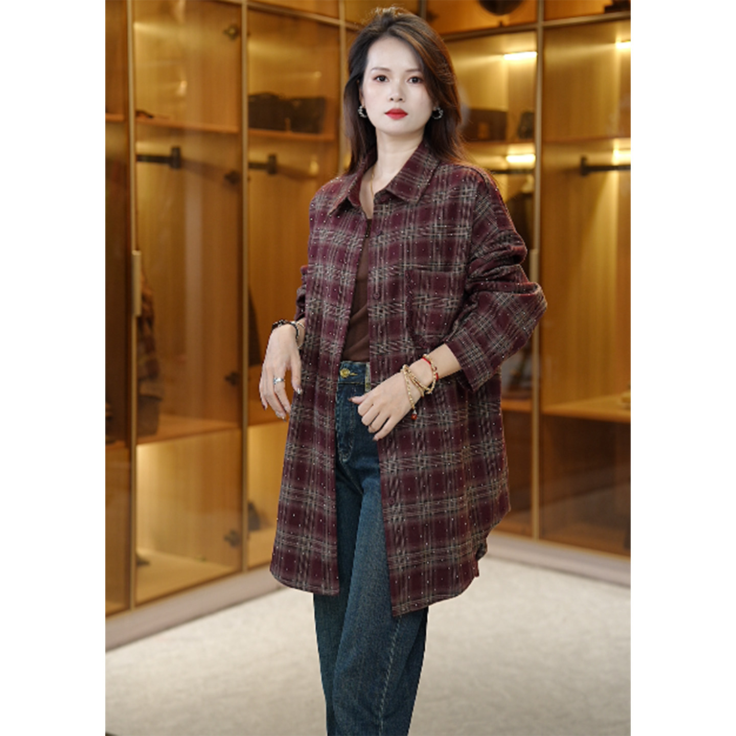 秋比 长袖纽扣百搭复古衬衫休闲拼接格子韩版大码25083101