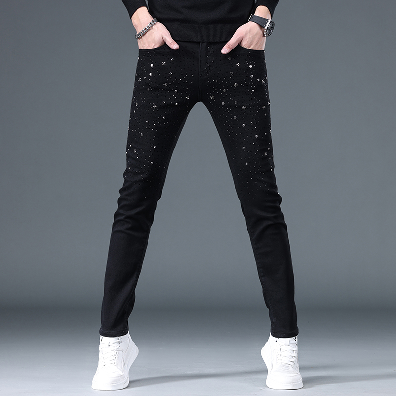 巴黎高端烫钻黑色牛仔裤男