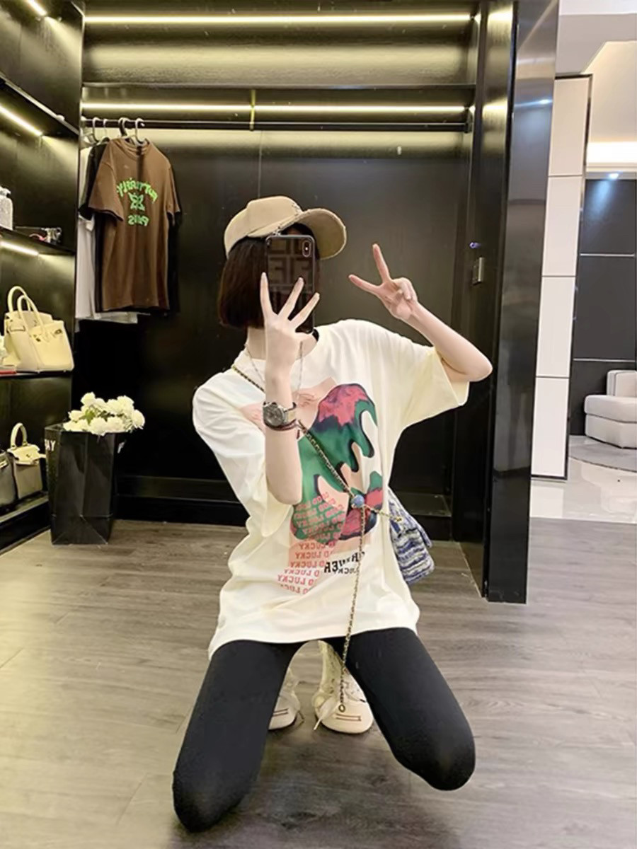 印花短袖T恤女新款欧货宽松大版中长款设计感小众小清新上衣潮