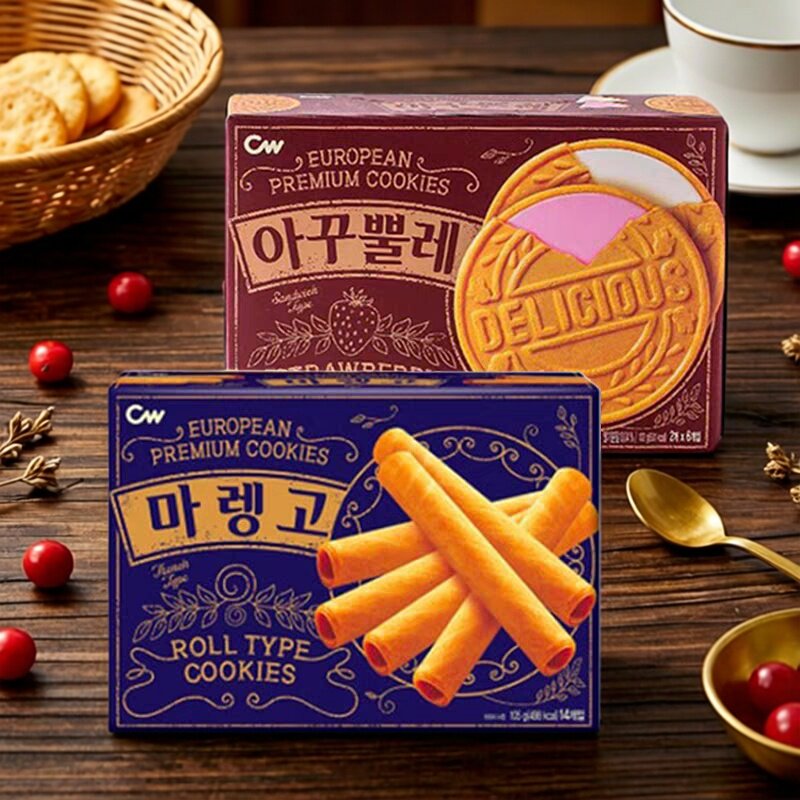 韩国进口食品CW青佑蛋卷双色薄饼干下午茶甜点心办公室休闲小零食