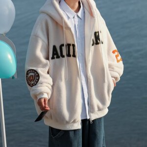 男装美式复古字母棉衣棉服2025冬季宽松连帽羊羔毛加厚外套图片