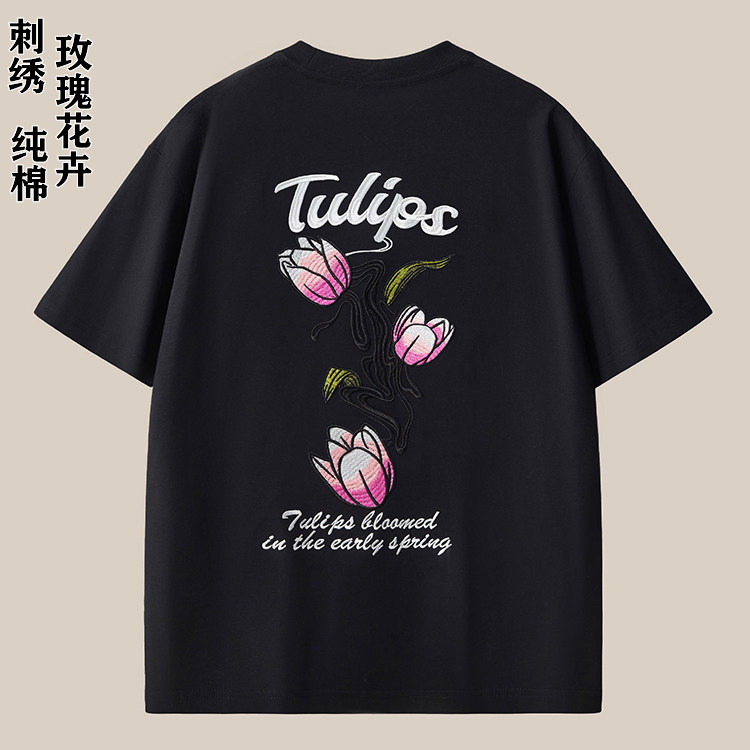 欧货潮牌刺绣花卉玫瑰花朵情侣装T恤男短袖 学生男女上衣打底衫夏