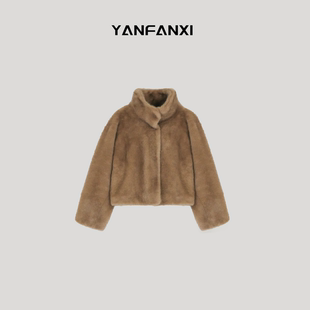 软糯不掉毛 皮草外套 YANFANXI 冬日暖棕焦糖色短款