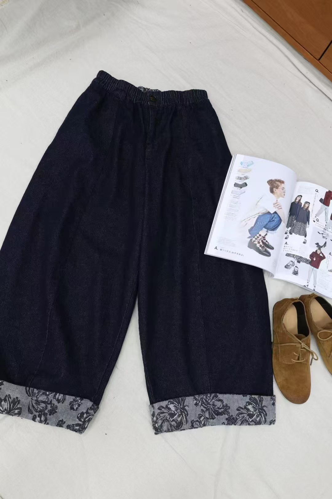 静秀阁友牛仔磨绒裤子