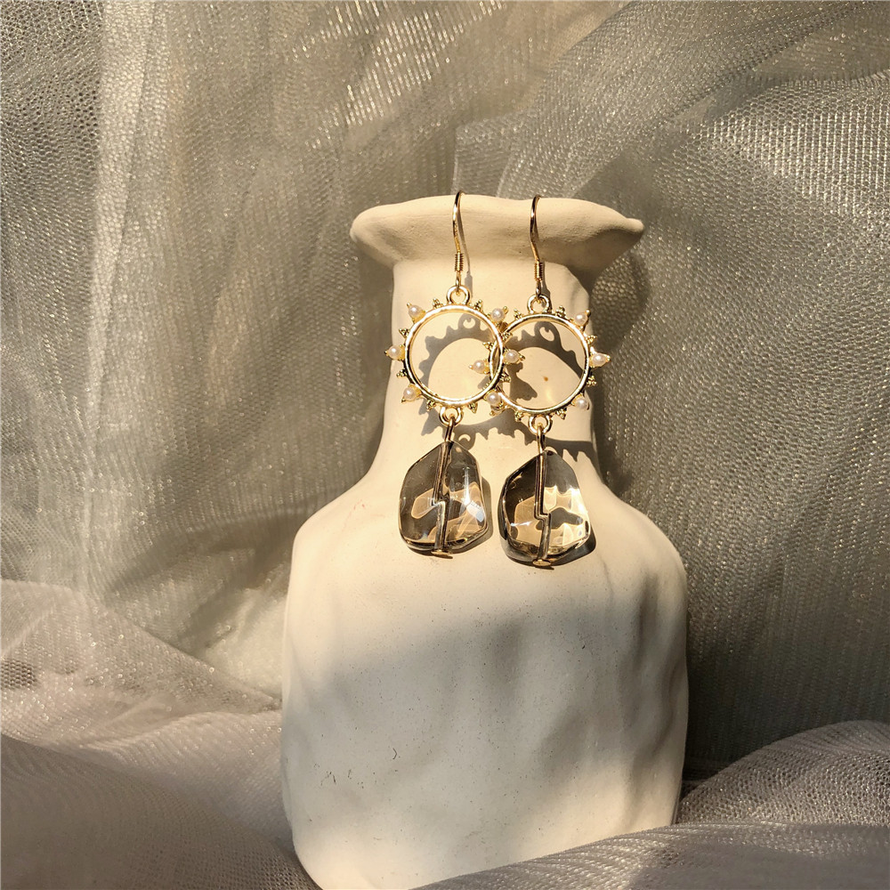 大仙丨【太阳神】气质古希腊神话风珍珠镶嵌灰水晶耳环s925纯银