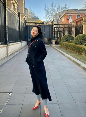 毛呢中长款英伦双排扣女大衣包邮