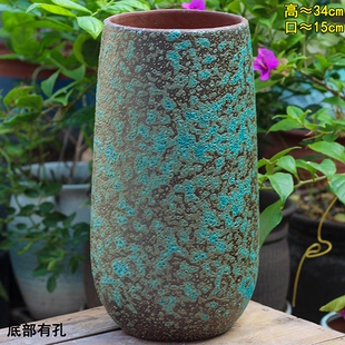大号细高款墨绿色直筒手工粗陶花盆透气养根适室内外绿植盆景盆栽