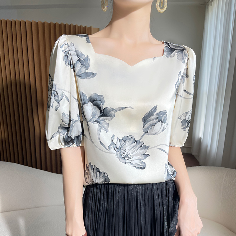 醋酸桑蚕丝T恤女夏装宽松印花缎面雪纺衫上衣五分袖百搭真丝短袖