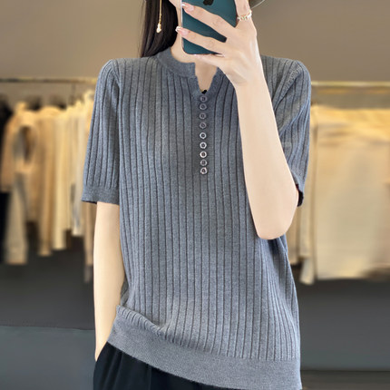 优雅针织短袖女宽松气质V领纽扣上衣春秋修身内搭毛衣半袖打底衫