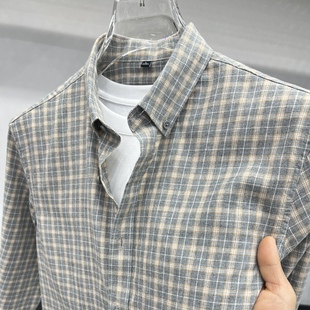长袖 潮流商务休闲春季 绿色格子衬衫 修身 免烫抗皱衬衣 男士 2025新款