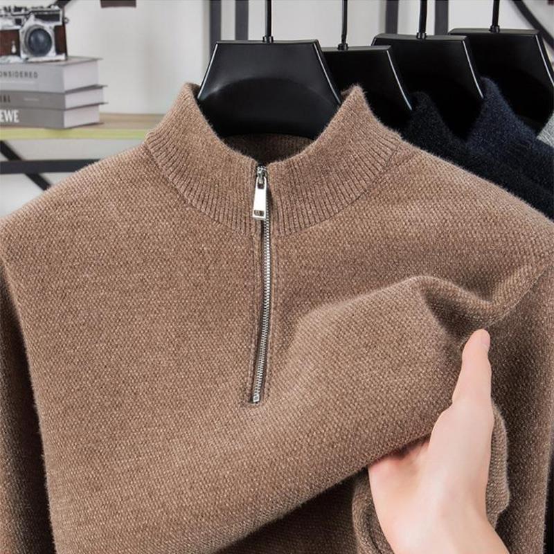 一体绒半拉链中领雪尼尔毛衣男士冬季加绒加厚打底衫保暖针织内搭