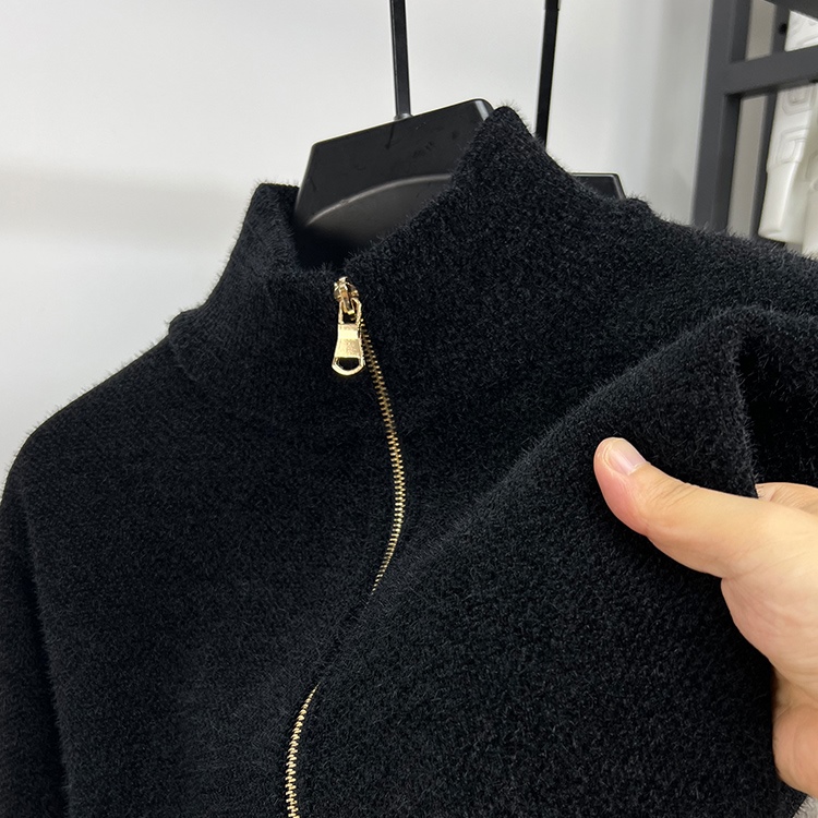 雪尼尔开衫男立领拉链秋冬季加绒加厚毛衣纯色潮流男装针织衫外套
