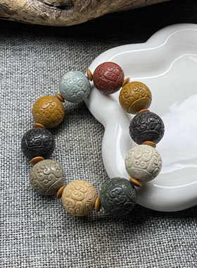 天然阿拉善玛瑙雕刻回纹珠手链