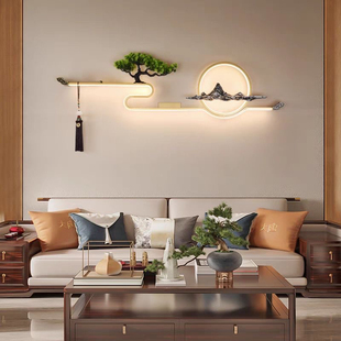 中式背景墙山水轻奢客厅中国风玄关墙上立体抽象沙发房间民宿壁灯
