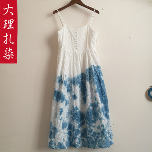 扎染吊带连衣裙春夏新款 A字裙云南大理白族手工板蓝根植物染裙子