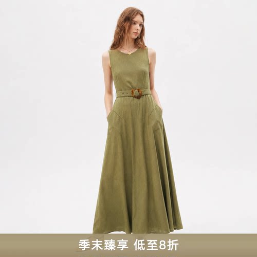 SFEO丝斐欧 立体剪裁混纺亚麻长裙圆领无袖系带收腰连衣裙裙子夏