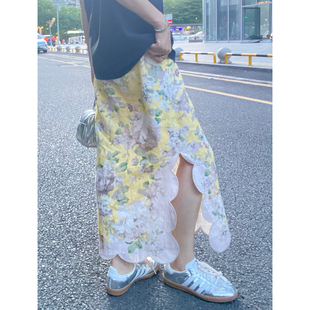 度假风松紧腰抽绳印花开叉半身裙女 Z家法式 太出片了 1OO%苎麻
