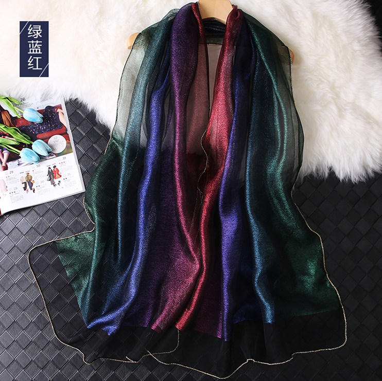 双层时尚渐变色真丝丝巾百搭桑蚕丝长纱巾围巾旗袍礼服披肩秋冬季