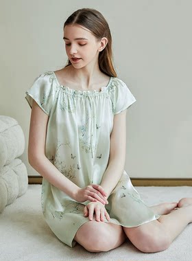 花色真丝睡裙女春夏季薄款桑蚕丝丝绸居家短袖大码连衣裙睡衣宽松